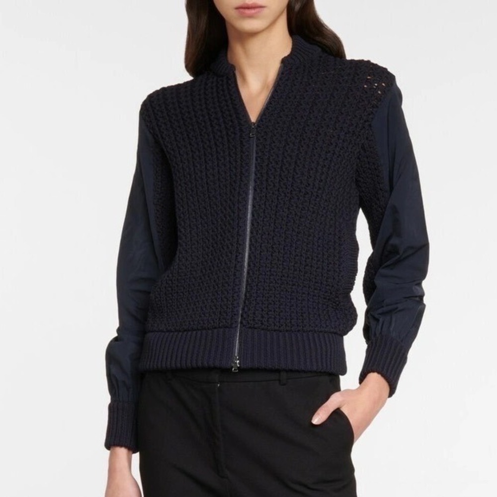 Max Mara Savio Crochet Jacket Sz XL Navy Blue Mixed Media Bomber Knit Sweater
